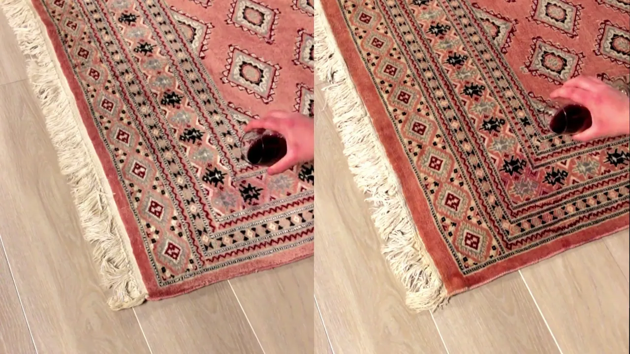 Red wine being poured onto two identical rugs side by side, the opening of the spill test
